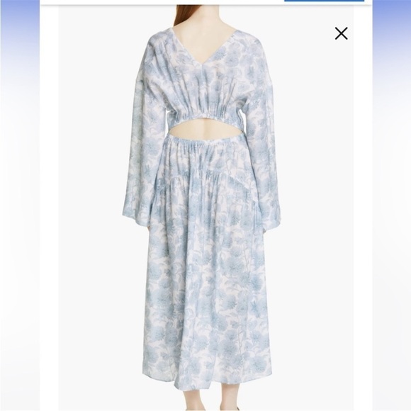 Vince Dahlia Print Long Bell Sleeves Double V Neck Rayon Flowy Maxi Dress - Picture 6 of 12